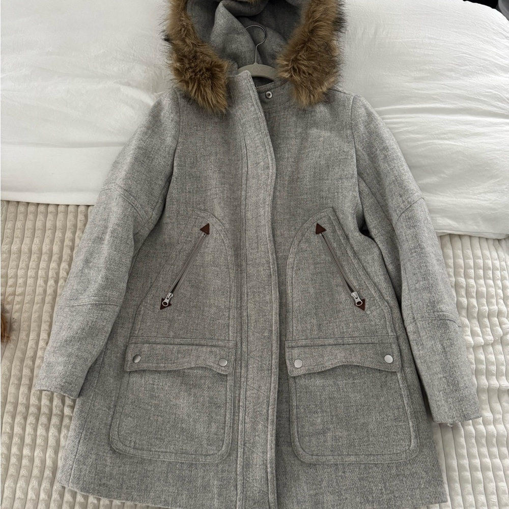 J. Crew Italian Stadium Cloth Coat with Faux Fur size 4